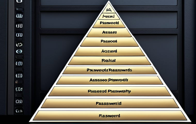 ** A password pyramid, strong base of length and complexity, mid-section showing unique passwords for each account, and the peak with regular updates. Visually represent each layer.
**