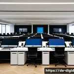 디지털 기억 보존의 사회적 가치 - A modern digital archive room in a German cultural institution, featuring rows of sleek computer wor...