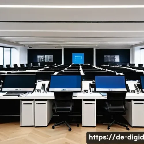 디지털 기억 보존의 사회적 가치 - A modern digital archive room in a German cultural institution, featuring rows of sleek computer wor...