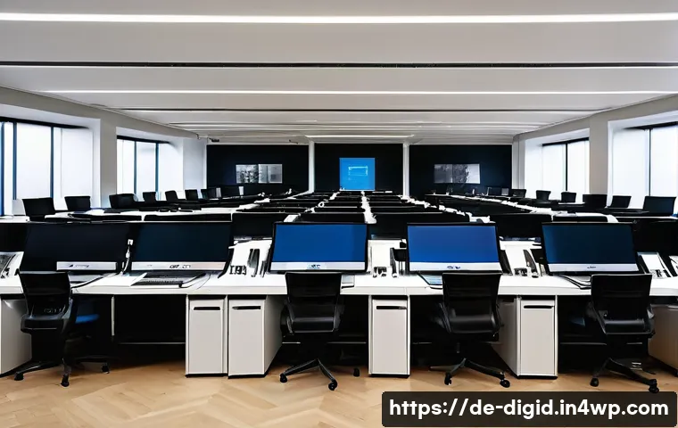 디지털 기억 보존의 사회적 가치 - A modern digital archive room in a German cultural institution, featuring rows of sleek computer wor...