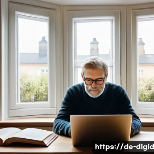 디지털 기억 보존의 윤리적 측면 - A thoughtful scene in a modern German living room where a middle-aged person is carefully organizing...