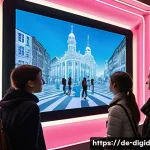 Home 17 디지털 기억 보존을 위한 예술적 접근 - A futuristic art gallery scene featuring a diverse group of visitors interacting with a large augmen...