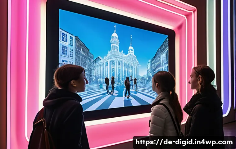 디지털 기억 보존을 위한 예술적 접근 - A futuristic art gallery scene featuring a diverse group of visitors interacting with a large augmen...