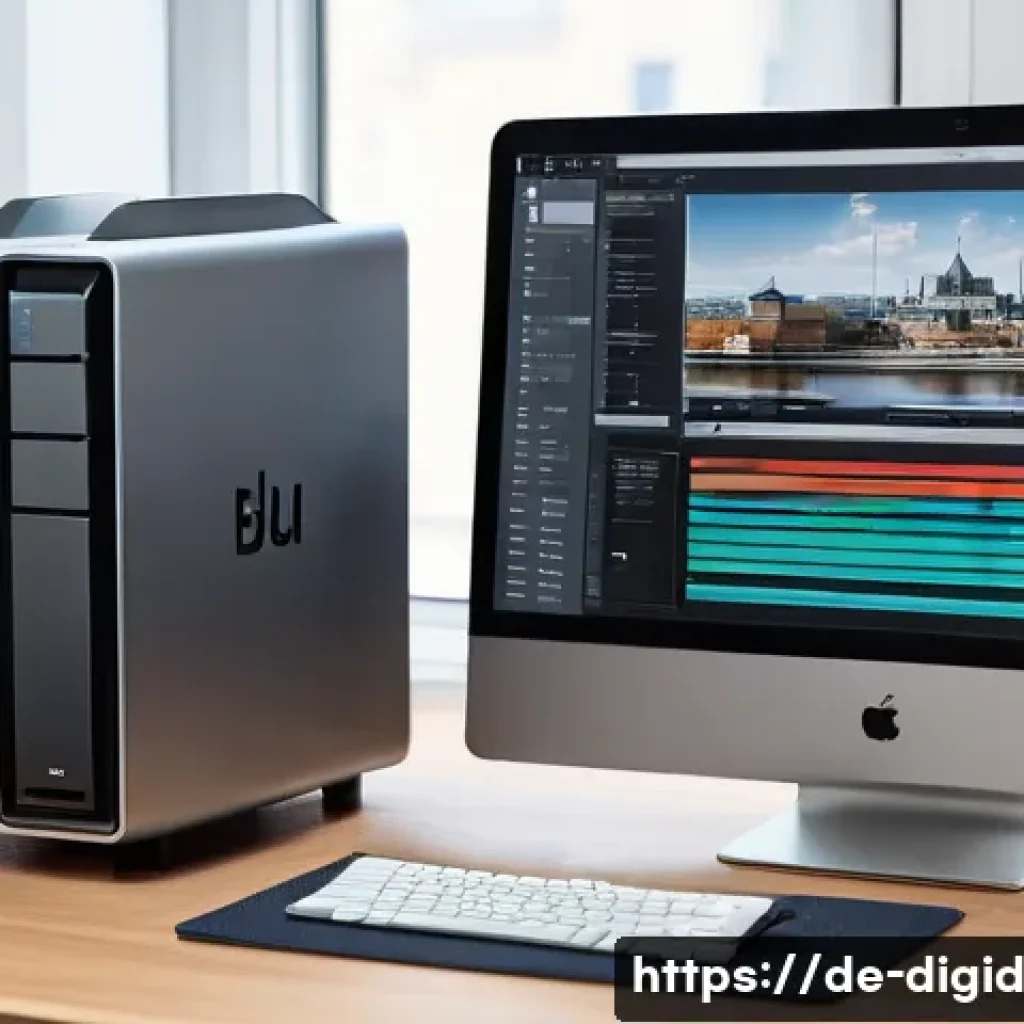 디지털 기억 보존의 성공 사례 - A modern home office setup focused on digital long-term archiving: a sleek NAS device with multiple ...