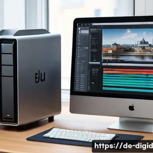 Home 26 디지털 기억 보존의 성공 사례 - A modern home office setup focused on digital long-term archiving: a sleek NAS device with multiple ...