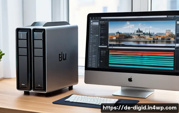 디지털 기억 보존의 성공 사례 - A modern home office setup focused on digital long-term archiving: a sleek NAS device with multiple ...