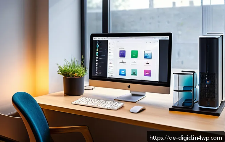 디지털 기억 보존을 위한 리소스 목록 - A modern home office setup featuring a sleek NAS system with multiple hard drives visible inside a t...
