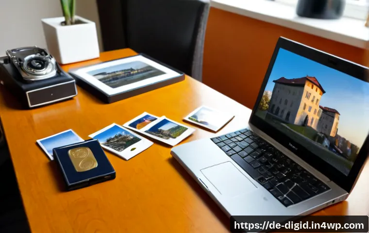 Home 17 디지털 기억 보존의 중요성에 대한 논의 - Photorealistic home office in Germany, a middle-aged woman carefully transferring old family photogr...