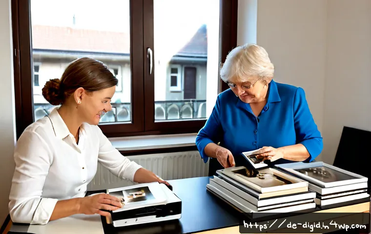 Home 17 디지털 기억 보존의 디지털 변환 기술 - Photorealistic home digitization scene in a bright modern German apartment, an older woman and her a...